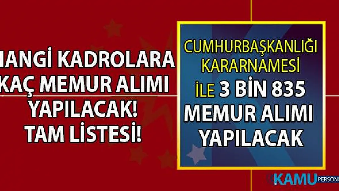 Cumhurbaşkanlığı kararnamesi ile toplamda 3 bin 835 memur alımı için 2019 kadro dağılımı belli oldu! Hangi kamu kurumu kaç memur alımı yapacak?