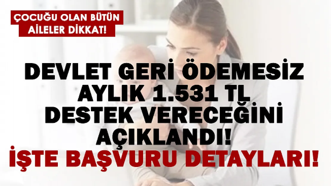 Devletten çocuğu olan ailelere aylık 1.531 TL geri ödemesiz destek!