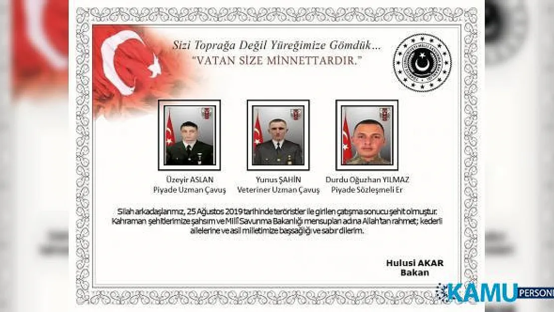 MSB'dan Kuzey Irak'ta Pençe 3 operasyonlarında şehit olan askerlerimize başsağlığı mesajı
