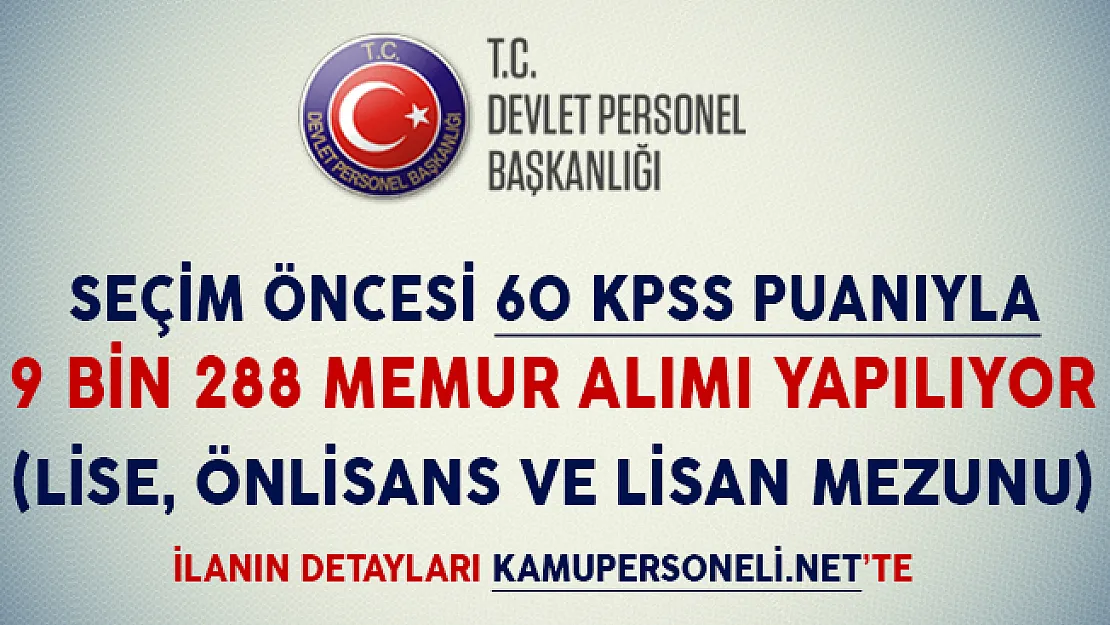 Seçim Öncesi 60 KPSS Puanıyla 9 Bin 288 Memur Alım İlanına Başvuru Yapabilirsiniz (Lise, Önlisans ve Lisans Mezunu)