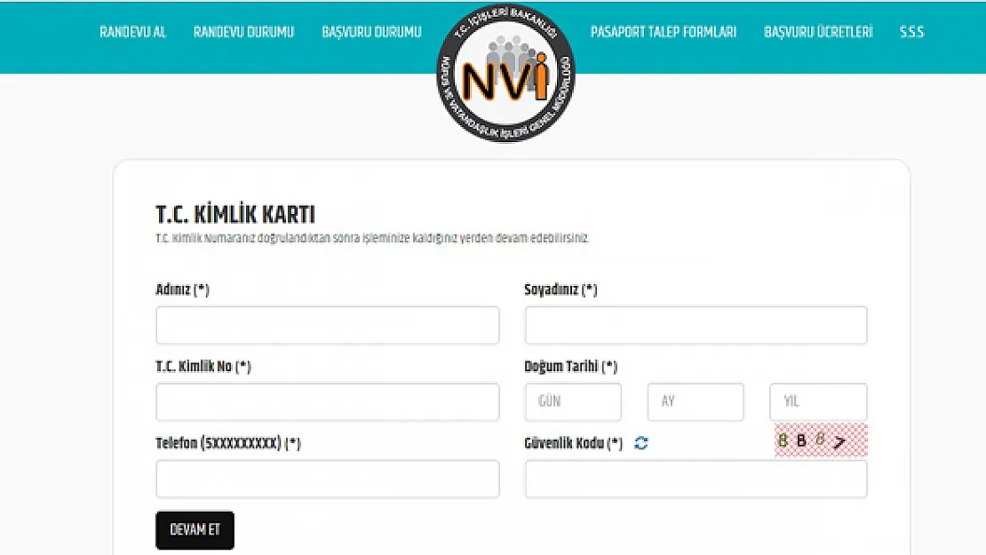 T.C Kimlik Kartı, Sürücü Belgesi ve pasaport çıkarma randevu talebi online başvuru ekranı