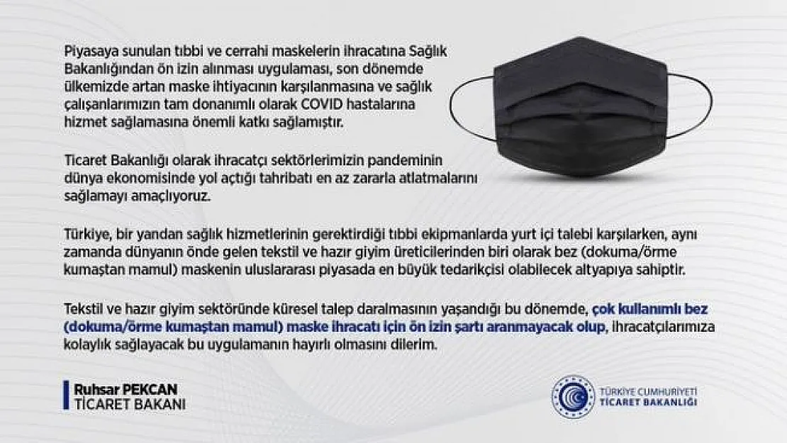 Ticaret Bakanlığı tarafından bez maskelere ilişkin kamuoyu bilgilendirmesi yapıldı!
