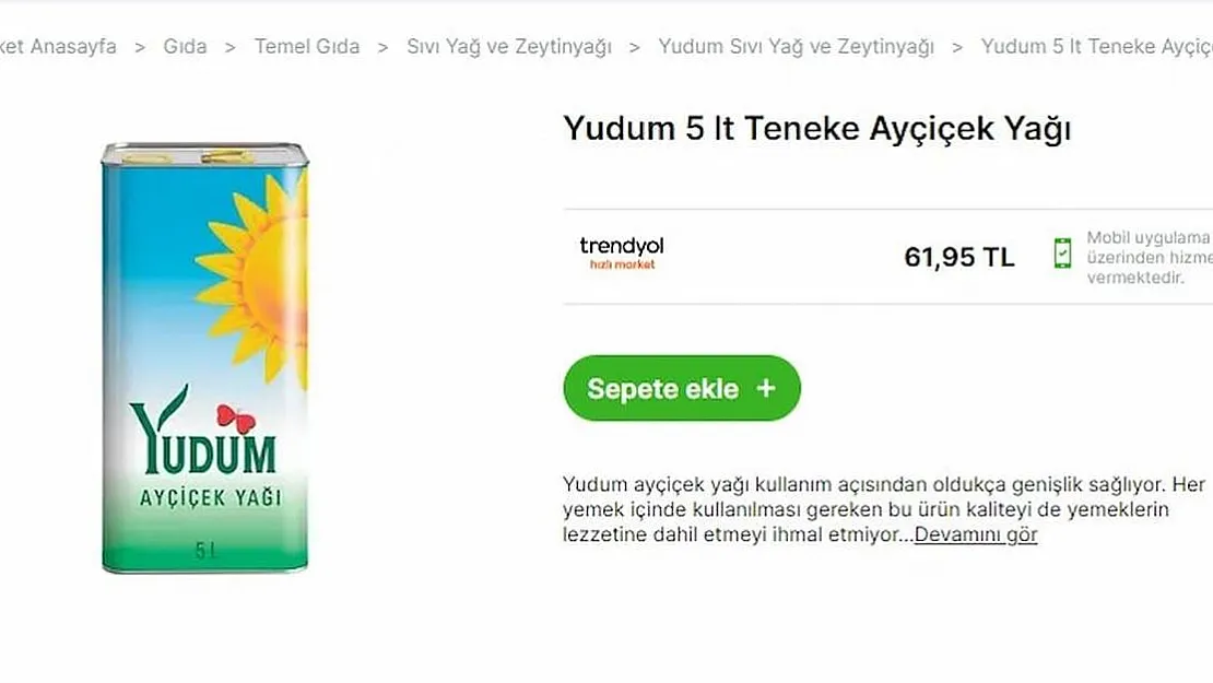 Yetişen alıyor! 5 litre Yudum Ayçiçek yağı 61,95 TL'ye düştü!