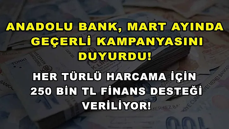 Anadolu Bank, Mart ayında geçerli kampanyasını duyurdu! Her türlü harcama için 250 bin TL finans desteği veriliyor!
