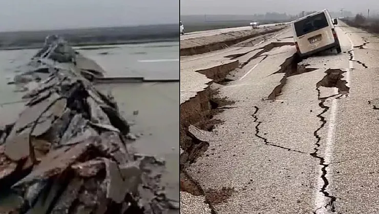 Deprem sonrası Hatay'da dehşet veren görüntüler: Yol yarıldı, araçlar yarıkların içine düştü