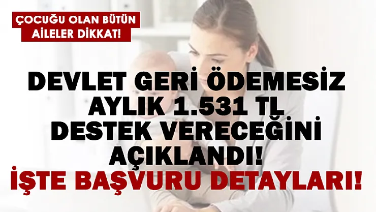 Devletten çocuğu olan ailelere aylık 1.531 TL geri ödemesiz destek!