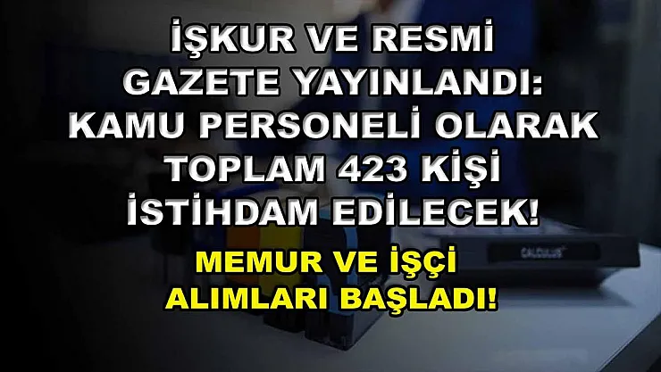 İŞKUR ve Resmi Gazete Yayınlandı: Kamu Personeli Olarak Toplam 423 Kişi İstihdam Edilecek! Memur ve İşçi Alımları Başladı!