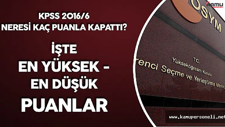 KPSS 2016/6 Yerleştirme Sonuçları En Yüksek ve En Düşük Puanlar ( Lisans, Ön lisans , Orta Öğretim)
