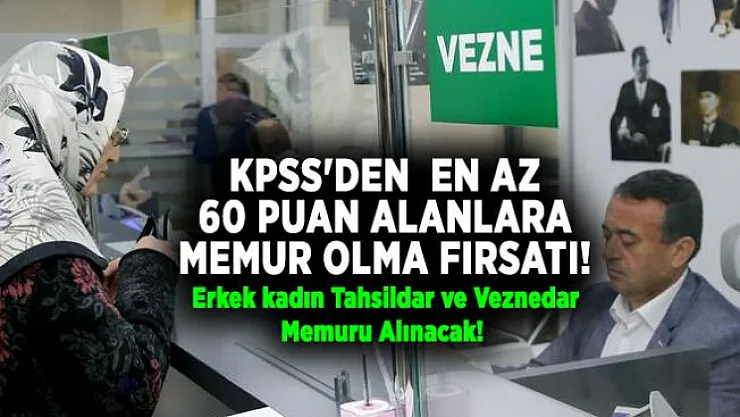 KPSS'den en az 60 puan alanlara memur olma fırsatı! Erkek kadın Tahsildar ve Veznedar Memuru Alınacak!