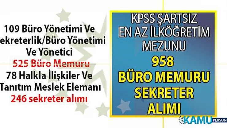 Türkiye İş Kurumu tarafından KPSS'siz en az ilköğretim mezunu 958 büro memuru ve sekreter alımı için yeni iş ilanları yayınladı!